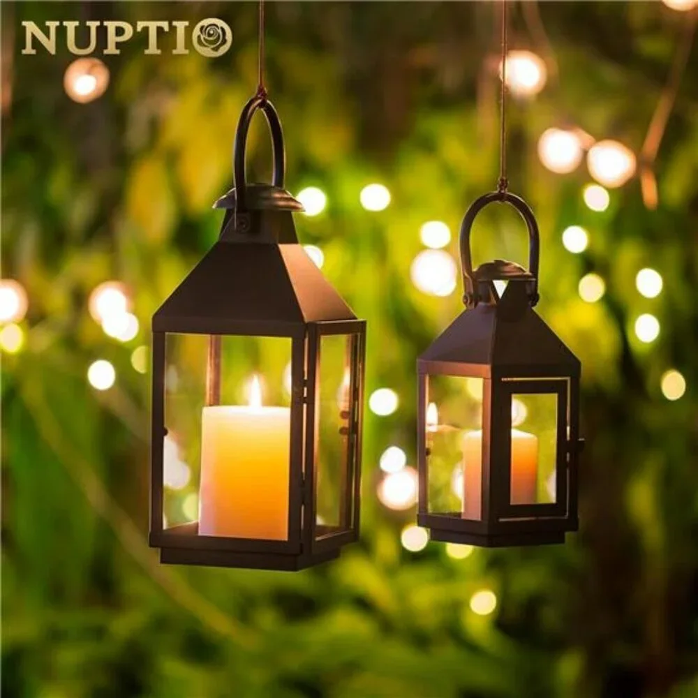 NUPTIO Black Metal Candle Lantern Hanging Table Decor Outdoor Centerpiece